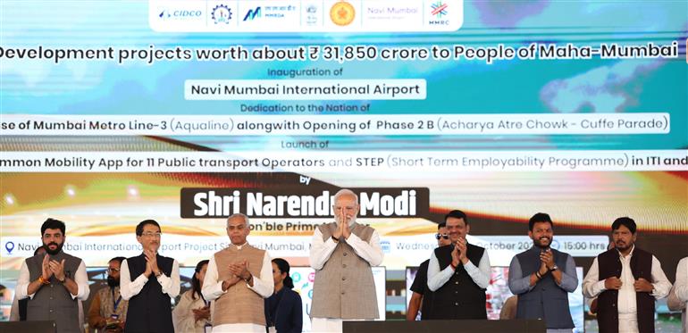 PM at the inauguration of the Navi Mumbai International Airport and Mumbai Metro Line-3 at Mumbai, in Maharashtra on October 08, 2025. 