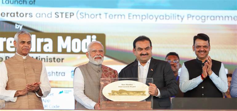 PM at the inauguration of the Navi Mumbai International Airport and Mumbai Metro Line-3 at Mumbai, in Maharashtra on October 08, 2025. 