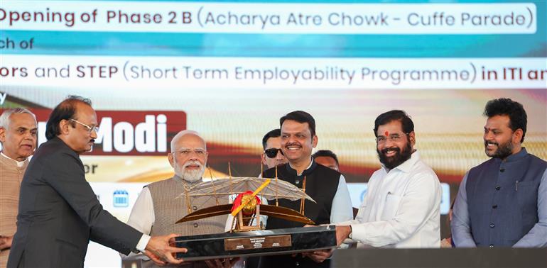 PM at the inauguration of the Navi Mumbai International Airport and Mumbai Metro Line-3 at Mumbai, in Maharashtra on October 08, 2025. 