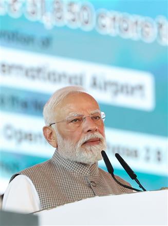 PM addressing at the inauguration of the Navi Mumbai International Airport and Mumbai Metro Line-3 at Mumbai, in Maharashtra on October 08, 2025. 