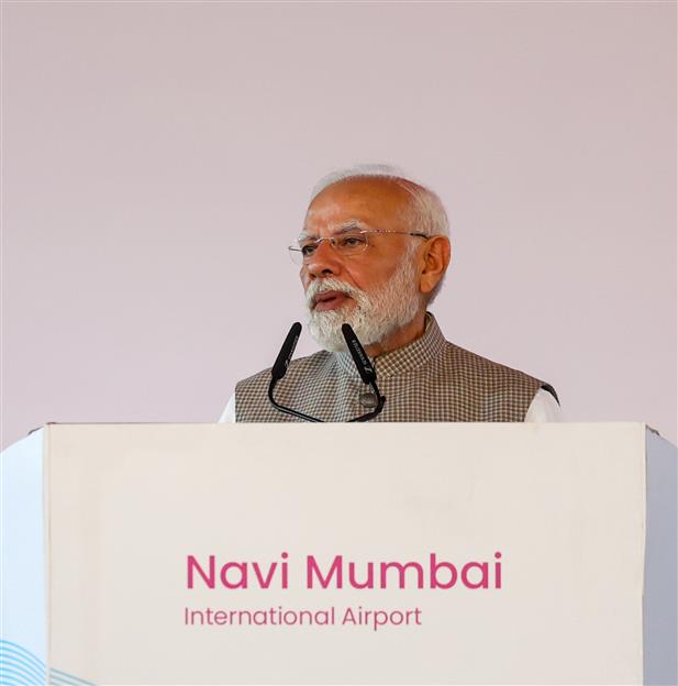 PM addressing at the inauguration of the Navi Mumbai International Airport and Mumbai Metro Line-3 at Mumbai, in Maharashtra on October 08, 2025. 