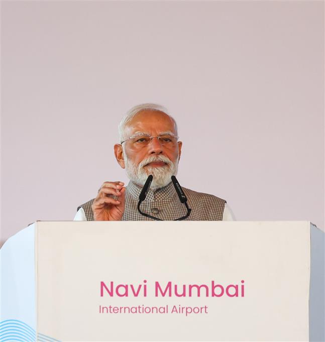 PM addressing at the inauguration of the Navi Mumbai International Airport and Mumbai Metro Line-3 at Mumbai, in Maharashtra on October 08, 2025. 