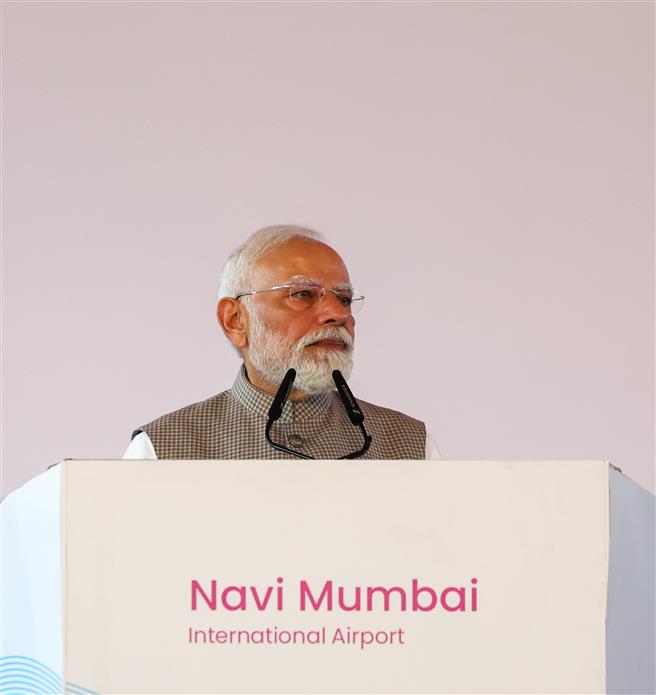 PM addressing at the inauguration of the Navi Mumbai International Airport and Mumbai Metro Line-3 at Mumbai, in Maharashtra on October 08, 2025. 