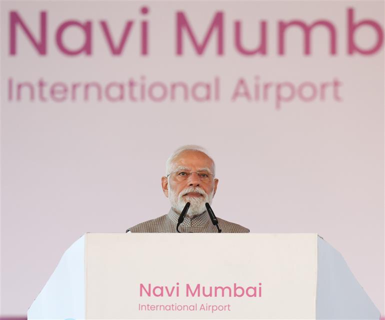 PM addressing at the inauguration of the Navi Mumbai International Airport and Mumbai Metro Line-3 at Mumbai, in Maharashtra on October 08, 2025. 