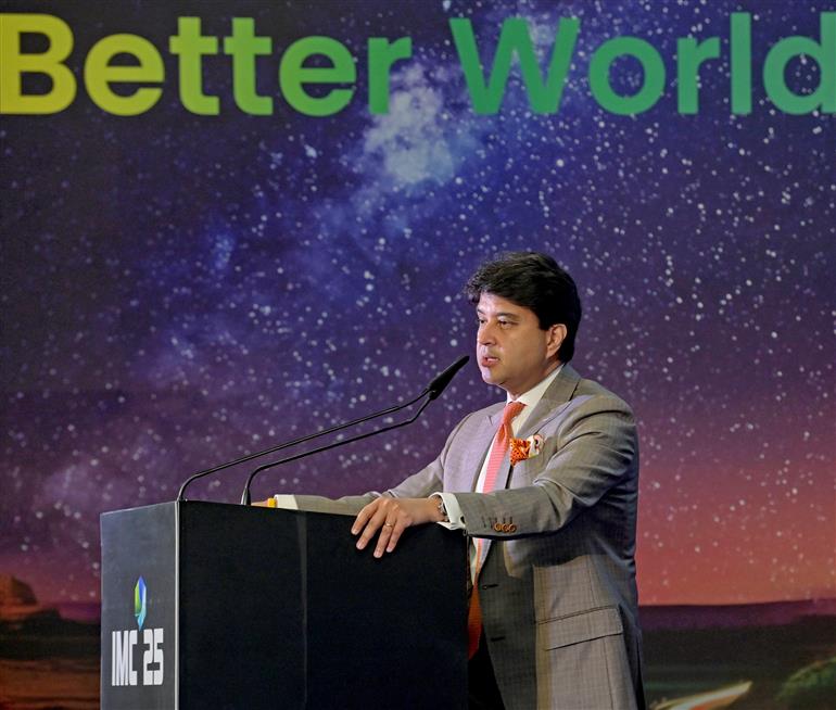 The Union Minister of Communications and Development of North Eastern Region (DoNER), Shri Jyotiraditya M. Scindia addressing the Satcom (Space Networks for Universal Connectivity) Summit, in New Delhi on October 08, 2025.