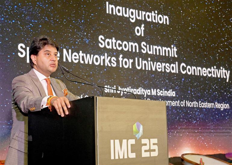 The Union Minister of Communications and Development of North Eastern Region (DoNER), Shri Jyotiraditya M. Scindia addressing the Satcom (Space Networks for Universal Connectivity) Summit, in New Delhi on October 08, 2025.