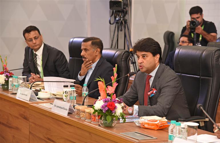 The Union Minister of Communications and Development of North Eastern Region (DoNER), Shri Jyotiraditya M. Scindia chaired an Industry CEOs Breakfast Roundtable meeting on Charting India’s Telecom Vision: A Leadership Dialogue during the India Mobile Congress-2025 at Yashobhoomi, in New Delhi on October 09, 2025.