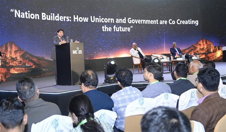 The Union Minister of Communications and Development of North Eastern Region (DoNER), Shri Jyotiraditya M. Scindia addressing at the event on “Nation Builders: How Unicorn and Government are co-creating the future” during the India Mobile Congress-2025 at Yashobhoomi, in New Delhi on October 09, 2025.