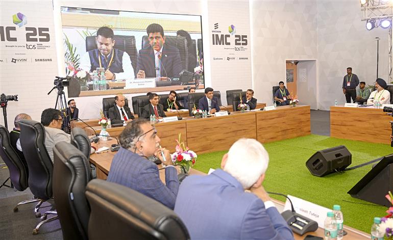 The Minister of State for Rural Development and Communications, Dr. Chandra Sekhar Pemmasani attends CTO Insights: Aligning Innovation with Policy for Digital Leadership meeting during the India Mobile Congress-2025 at Yashobhoomi, in New Delhi on October 09, 2025.
