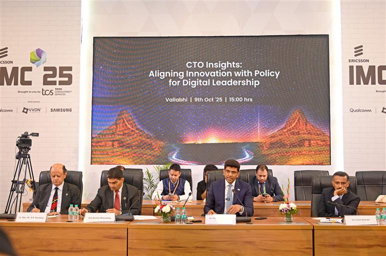 The Minister of State for Rural Development and Communications, Dr. Chandra Sekhar Pemmasani attends CTO Insights: Aligning Innovation with Policy for Digital Leadership meeting during the India Mobile Congress-2025 at Yashobhoomi, in New Delhi on October 09, 2025.