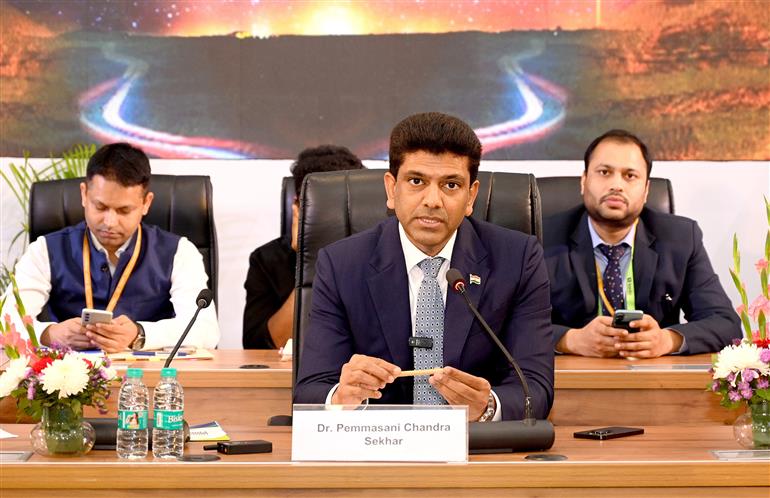 The Minister of State for Rural Development and Communications, Dr. Chandra Sekhar Pemmasani attends CTO Insights: Aligning Innovation with Policy for Digital Leadership meeting during the India Mobile Congress-2025 at Yashobhoomi, in New Delhi on October 09, 2025.
