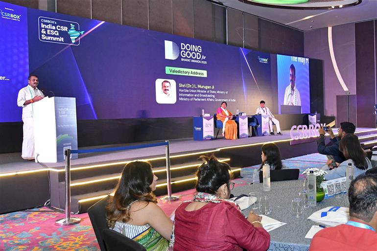 The Minister of State for Information and Broadcasting and Parliamentary Affairs, Dr. L. Murugan addressing at the CSRBOX’s India CSR & ESG Summit, in New Delhi on October 09, 2025.
