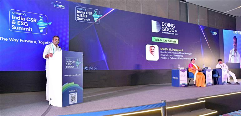 The Minister of State for Information and Broadcasting and Parliamentary Affairs, Dr. L. Murugan addressing at the CSRBOX’s India CSR & ESG Summit, in New Delhi on October 09, 2025.