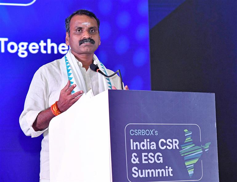 The Minister of State for Information and Broadcasting and Parliamentary Affairs, Dr. L. Murugan addressing at the CSRBOX’s India CSR & ESG Summit, in New Delhi on October 09, 2025.