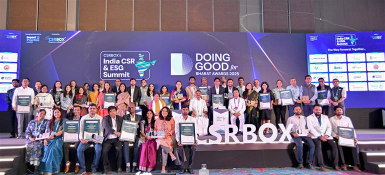 The Minister of State for Information and Broadcasting and Parliamentary Affairs, Dr. L. Murugan in a group photograph during the attends CSRBOX’s India CSR & ESG Summit, in New Delhi on October 09, 2025.