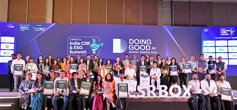 The Minister of State for Information and Broadcasting and Parliamentary Affairs, Dr. L. Murugan in a group photograph during the attends CSRBOX’s India CSR & ESG Summit, in New Delhi on October 09, 2025.