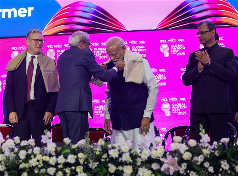 PM and UK PM Keir Starmer attends the Global Fintech Fest 2025 at Jio World Centre, in Mumbai on October 09, 2025.