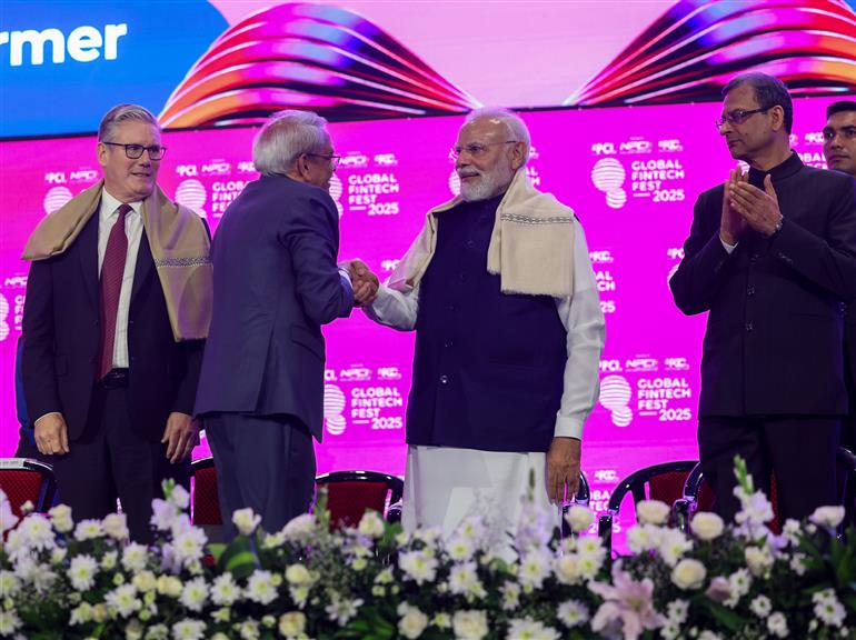 PM and UK PM Keir Starmer attends the Global Fintech Fest 2025 at Jio World Centre, in Mumbai on October 09, 2025.