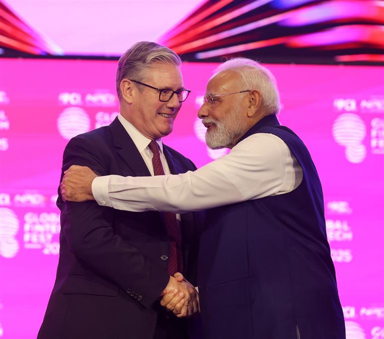PM and UK PM Keir Starmer attends the Global Fintech Fest 2025 at Jio World Centre, in Mumbai on October 09, 2025.