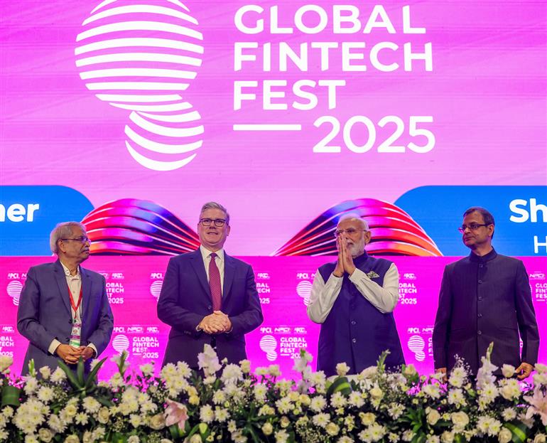 PM and UK PM Keir Starmer attends the Global Fintech Fest 2025 at Jio World Centre, in Mumbai on October 09, 2025.