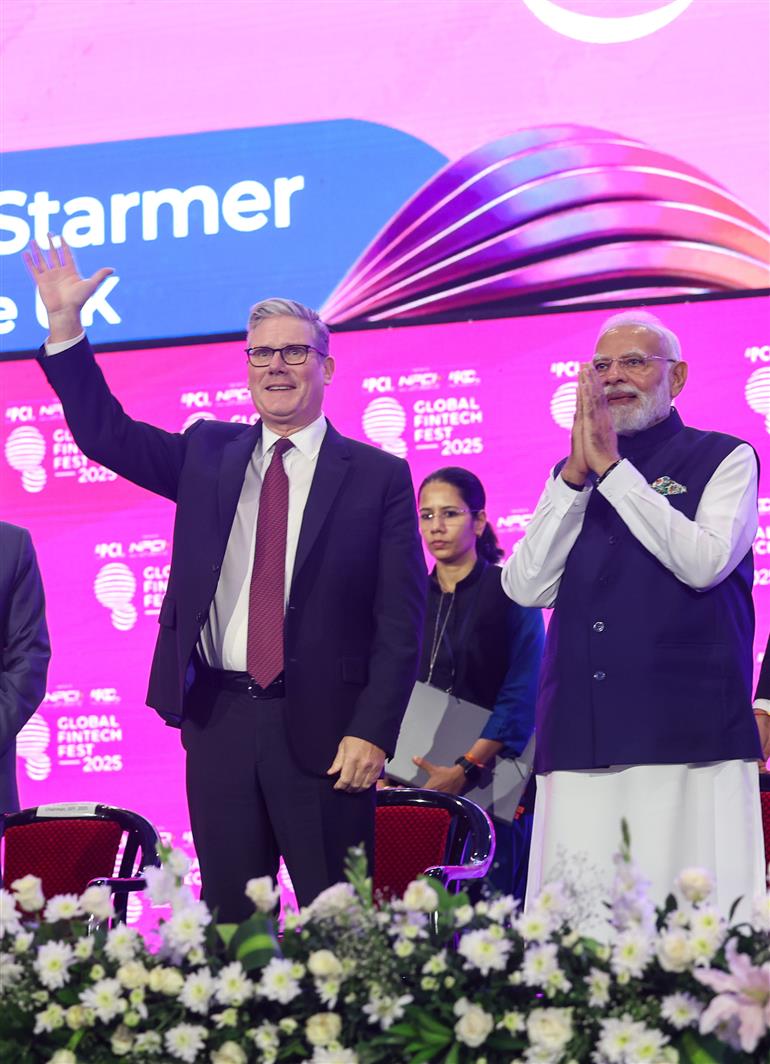PM and UK PM Keir Starmer attends the Global Fintech Fest 2025 at Jio World Centre, in Mumbai on October 09, 2025.