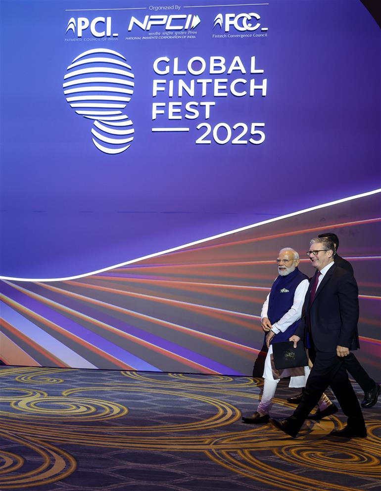 PM and UK PM Keir Starmer attends the Global Fintech Fest 2025 at Jio World Centre, in Mumbai on October 09, 2025.
