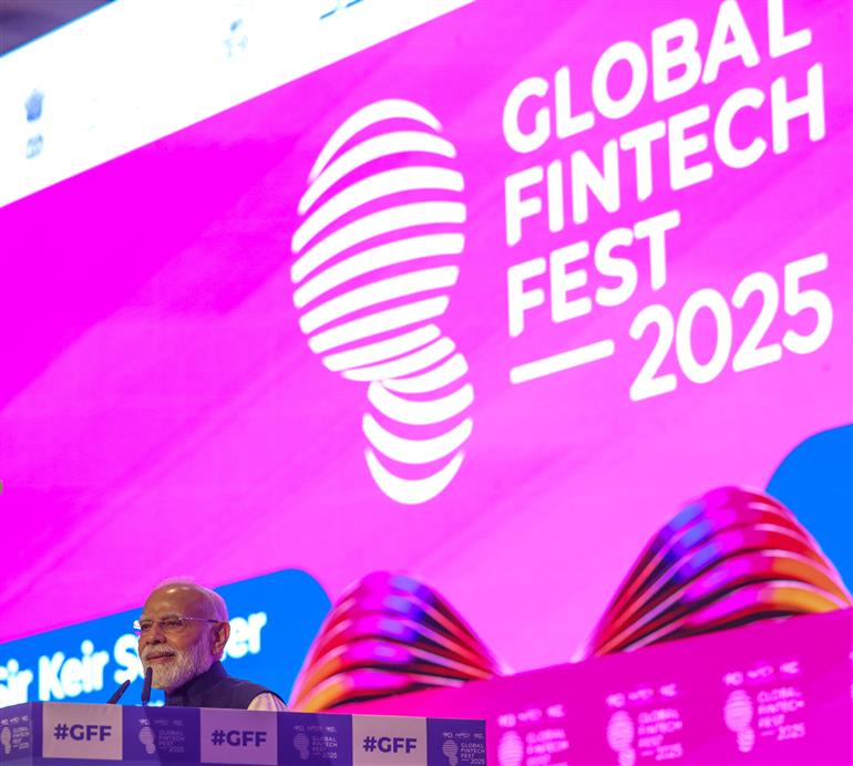 PM addressing at the Global Fintech Fest 2025 at Jio World Centre, in Mumbai on October 09, 2025.