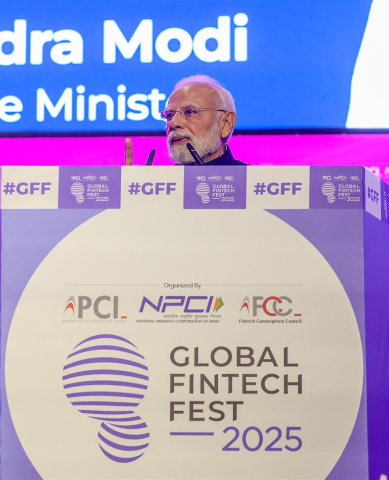 PM addressing at the Global Fintech Fest 2025 at Jio World Centre, in Mumbai on October 09, 2025.