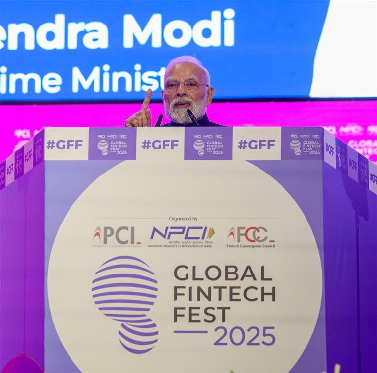 PM addressing at the Global Fintech Fest 2025 at Jio World Centre, in Mumbai on October 09, 2025.