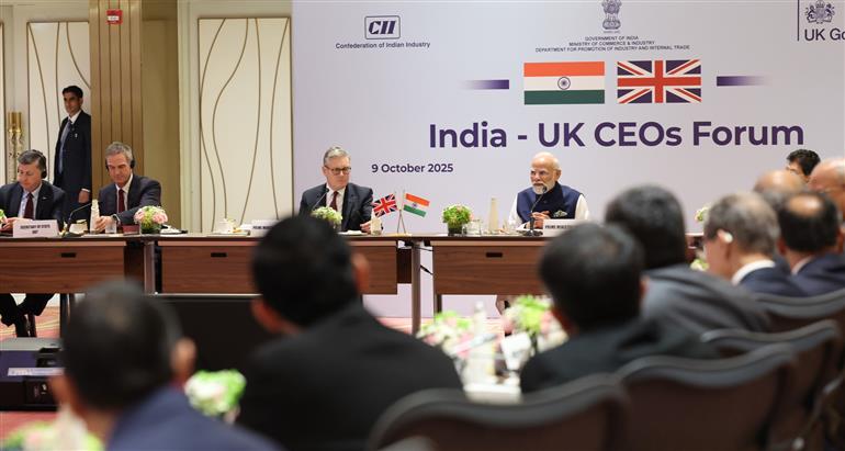 PM and UK PM Keir Starmer attends the reconstituted India-UK CEOs Forum, in Mumbai on October 09, 2025.