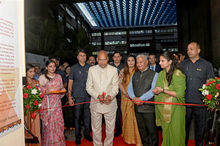 The Former President of India, Shri Ram Nath Kovind inaugurates the tribal art exhibition “Silent Conversation: From Margins to Centre” at India Habitat Centre, in New Delhi on October 09, 2025.