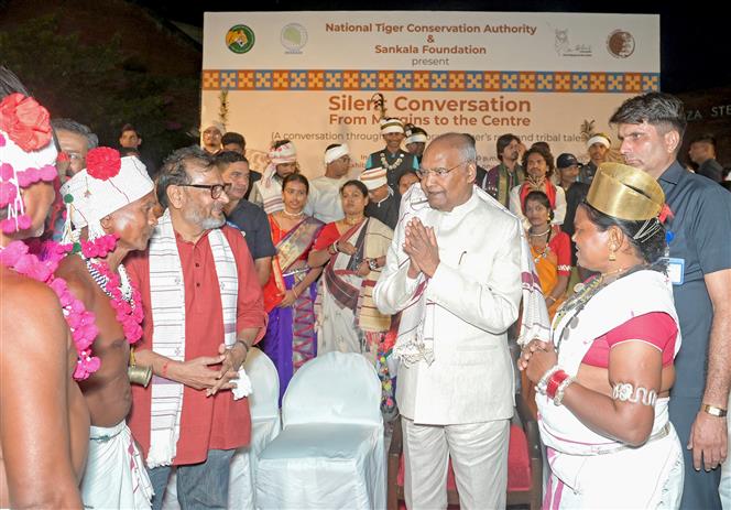 The Former President of India, Shri Ram Nath Kovind at the inauguration of the tribal art exhibition “Silent Conversation: From Margins to Centre” at India Habitat Centre, in New Delhi on October 09, 2025.