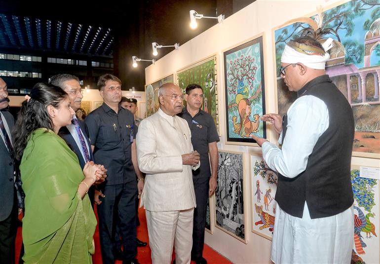 The Former President of India, Shri Ram Nath Kovind at the inauguration of the tribal art exhibition “Silent Conversation: From Margins to Centre” at India Habitat Centre, in New Delhi on October 09, 2025.