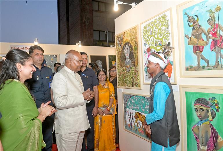 The Former President of India, Shri Ram Nath Kovind at the inauguration of the tribal art exhibition “Silent Conversation: From Margins to Centre” at India Habitat Centre, in New Delhi on October 09, 2025.