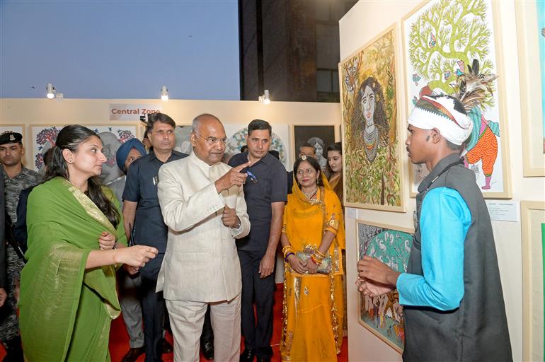 The Former President of India, Shri Ram Nath Kovind at the inauguration of the tribal art exhibition “Silent Conversation: From Margins to Centre” at India Habitat Centre, in New Delhi on October 09, 2025.