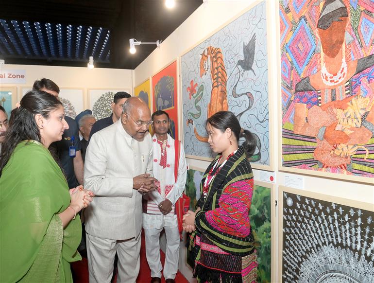 The Former President of India, Shri Ram Nath Kovind at the inauguration of the tribal art exhibition “Silent Conversation: From Margins to Centre” at India Habitat Centre, in New Delhi on October 09, 2025.