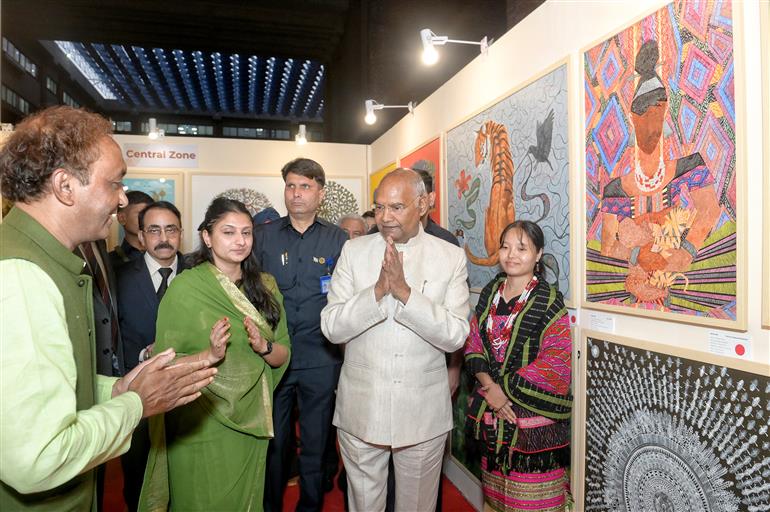 The Former President of India, Shri Ram Nath Kovind at the inauguration of the tribal art exhibition “Silent Conversation: From Margins to Centre” at India Habitat Centre, in New Delhi on October 09, 2025.