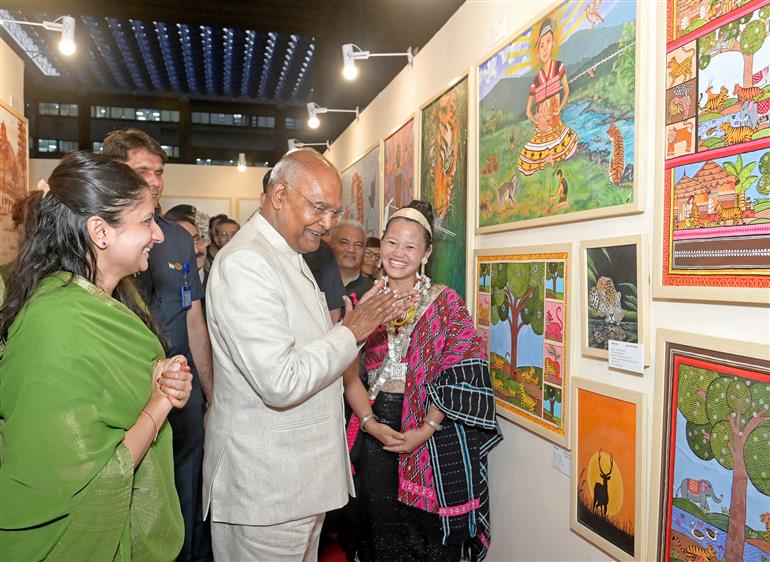 The Former President of India, Shri Ram Nath Kovind at the inauguration of the tribal art exhibition “Silent Conversation: From Margins to Centre” at India Habitat Centre, in New Delhi on October 09, 2025.
