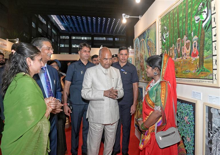 The Former President of India, Shri Ram Nath Kovind at the inauguration of the tribal art exhibition “Silent Conversation: From Margins to Centre” at India Habitat Centre, in New Delhi on October 09, 2025.