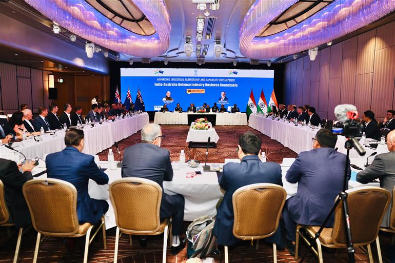 The Union Minister for Defence, Shri Rajnath Singh addressing maiden India-Australia Defence Industry Business Roundtable in Sydney, Australia on October 10, 2025.