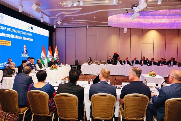 The Union Minister for Defence, Shri Rajnath Singh addressing maiden India-Australia Defence Industry Business Roundtable in Sydney, Australia on October 10, 2025.