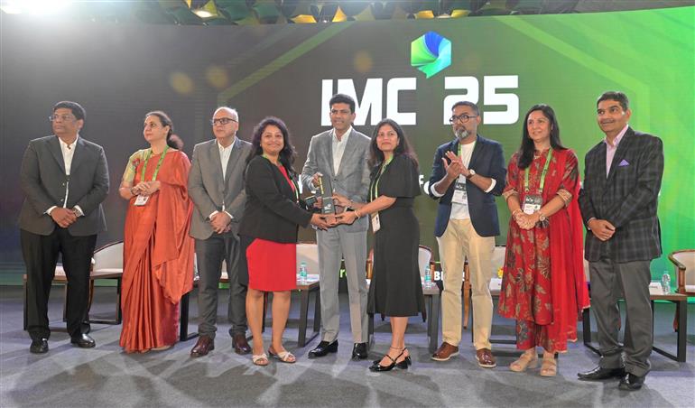 The Minister of State for Rural Development and Communications, Dr. Chandra Sekhar Pemmasani felicitates the winners of the India Mobile Congress 2025 Awards in a ceremony at Yashobhoomi, Dwarka, in Delhi on October 10, 2025.