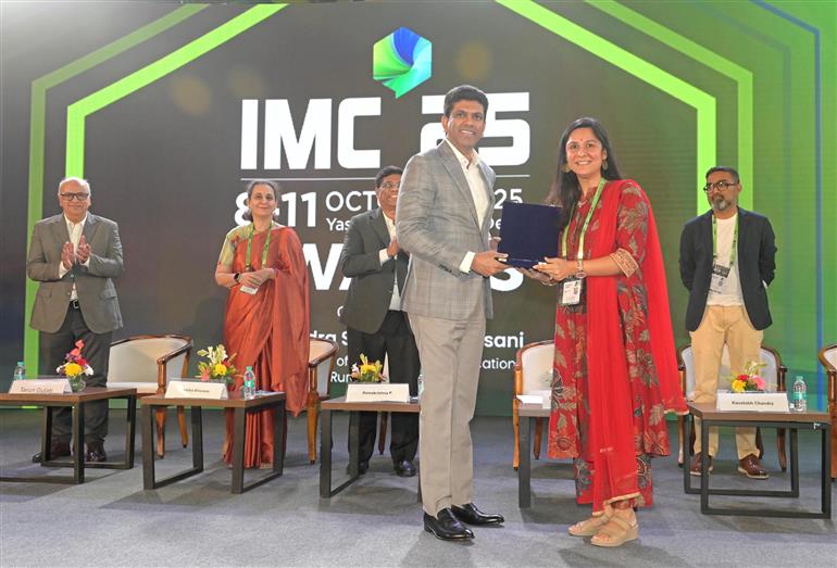 The Minister of State for Rural Development and Communications, Dr. Chandra Sekhar Pemmasani felicitates the winners of the India Mobile Congress 2025 Awards in a ceremony at Yashobhoomi, Dwarka, in Delhi on October 10, 2025.