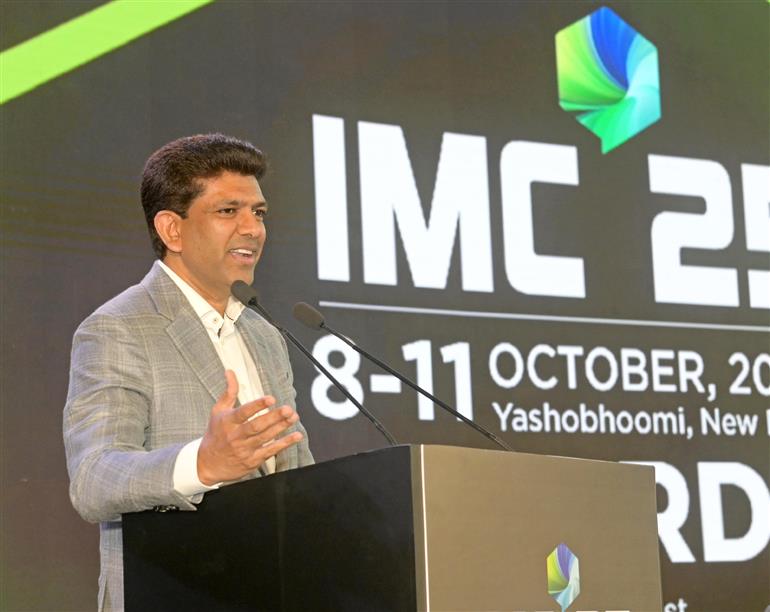 The Minister of State for Rural Development and Communications, Dr. Chandra Sekhar Pemmasani addressing at India Mobile Congress 2025 Awards ceremony at Yashobhoomi, Dwarka, in Delhi on October 10, 2025.