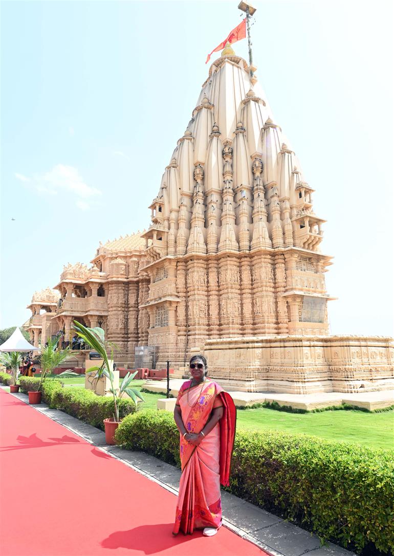 The President of India, Smt Droupadi Murmu performs Darshan and Puja at the Somnath Temple also paid floral tributes at the statue of Sardar Vallabhbhai Patel near the temple on her arrival, in Gujarat on October 10, 2025.