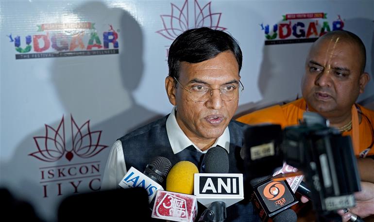 The Union Minister of Labour & Employment and Youth Affairs & Sports, Dr. Mansukh Mandaviya interacting with media during the ‘UDGAAR Youth festival’ at Indira Gandhi Indoor Stadium, in New Delhi on October 12, 2025.