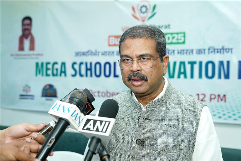 The Union Minister of Education, Shri Dharmendra Pradhan interacting with media on the sidelines of the ‘Mega School Innovation Event’ held under the Viksit Bharat Buildathon-2025 upon his arrival at PM Shri Kendriya Vidyalaya No. 2, Delhi Cantt, in New Delhi on October 13, 2025.