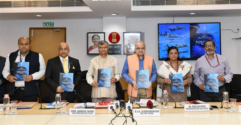 The CEO, NITI Aayog, Shri B.V.R. Subrahmanyam releases the Report “India’s Blue Economy: Strategy for Harnessing Deep-Sea and Offshore Fisheries by Prof. Ramesh Chand, Member (Agriculture) at NITI Aayog, in New Delhi on October 13, 2025.