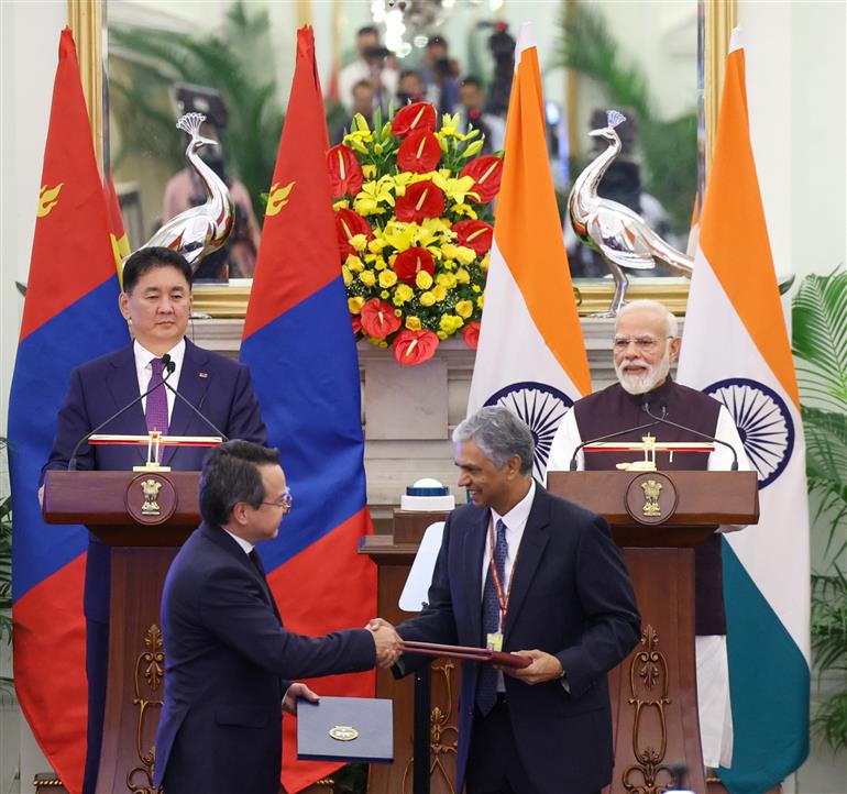 PM and the President of Mongolia, Mr. Khurelsukh Ukhnaa witnessing the Exchange of MoUs between India and Mongolia at Hyderabad House, in New Delhi on October 14, 2025.