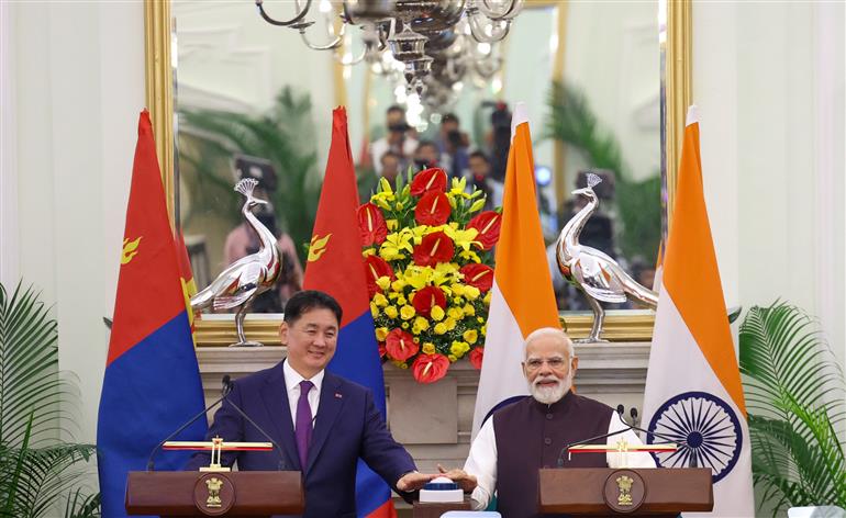 PM and the President of Mongolia, Mr. Khurelsukh Ukhnaa witnessing the Exchange of MoUs between India and Mongolia at Hyderabad House, in New Delhi on October 14, 2025.